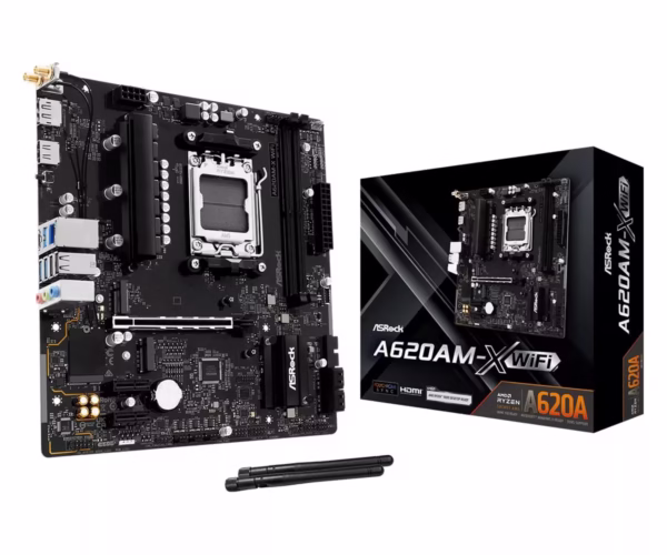 Mainboard|ASROCK|AMD A620|Socket AM5|micro ATX|RAM DDR5-SDRAM|2xSlots|Wi-Fi Yes|Bluetooth Yes|1xNumber of M.2 (M) slots|A620AM-XWIFI