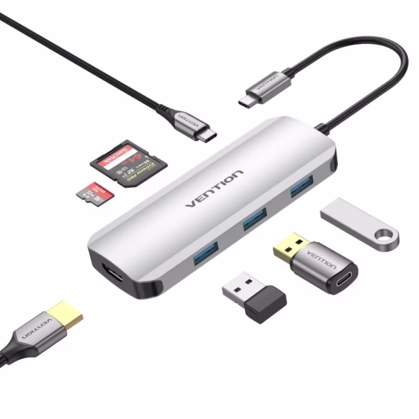 Vention 7-in-1 USB-C doko stotelė, 0,15 m, pilka/sidabrinė