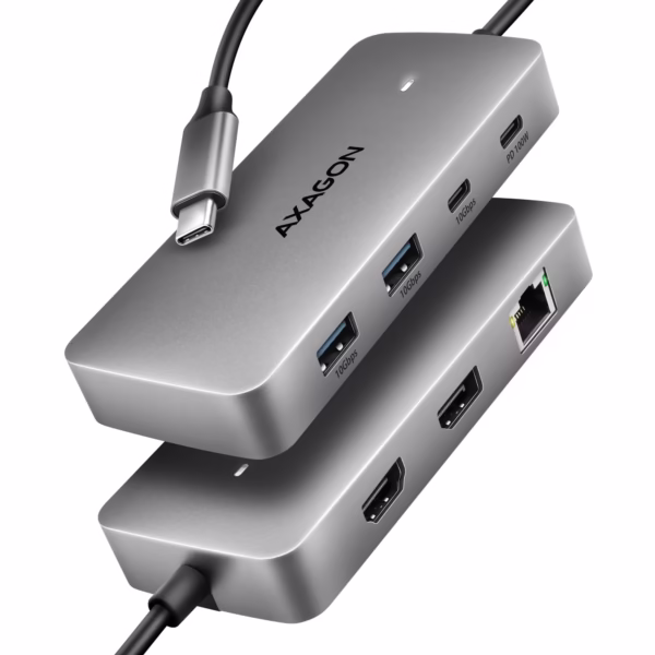 AXAGON HMC-CUB83X2 7-in-1 USB-C šakotuvas, HDMI, DP, RJ-45, 100W PD, 0,15 m, pilkas