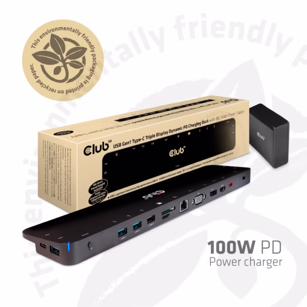 Nešiojamojo kompiuterio prijungimo stotelė CLUB3D CSV-1564W100, USB-C, 100W
