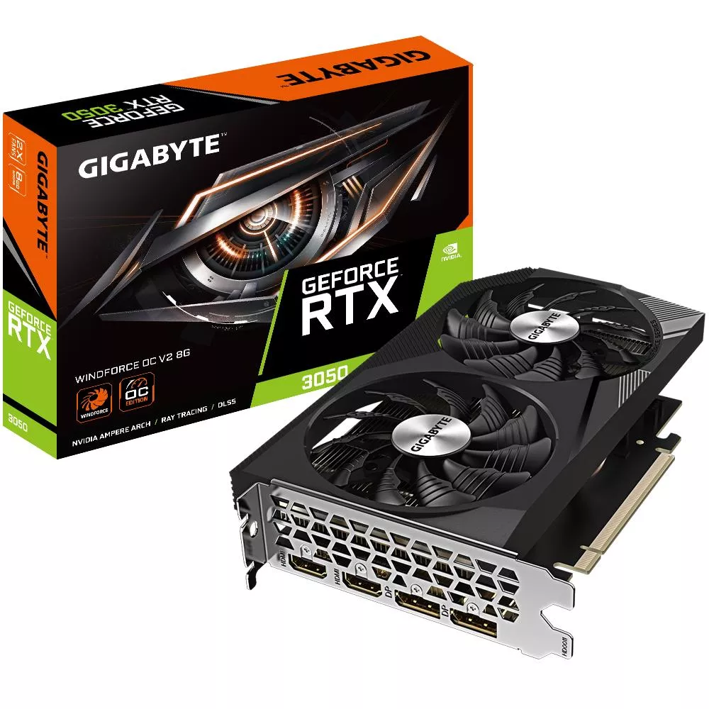 Vaizdo plokštė GIGABYTE NVIDIA GeForce RTX 3050, 8 GB, GDDR6, 128 bit, PCIE 4.0, 2xHDMI, 2xDisplayPort, GV-N3050WF2OCV2-8GD