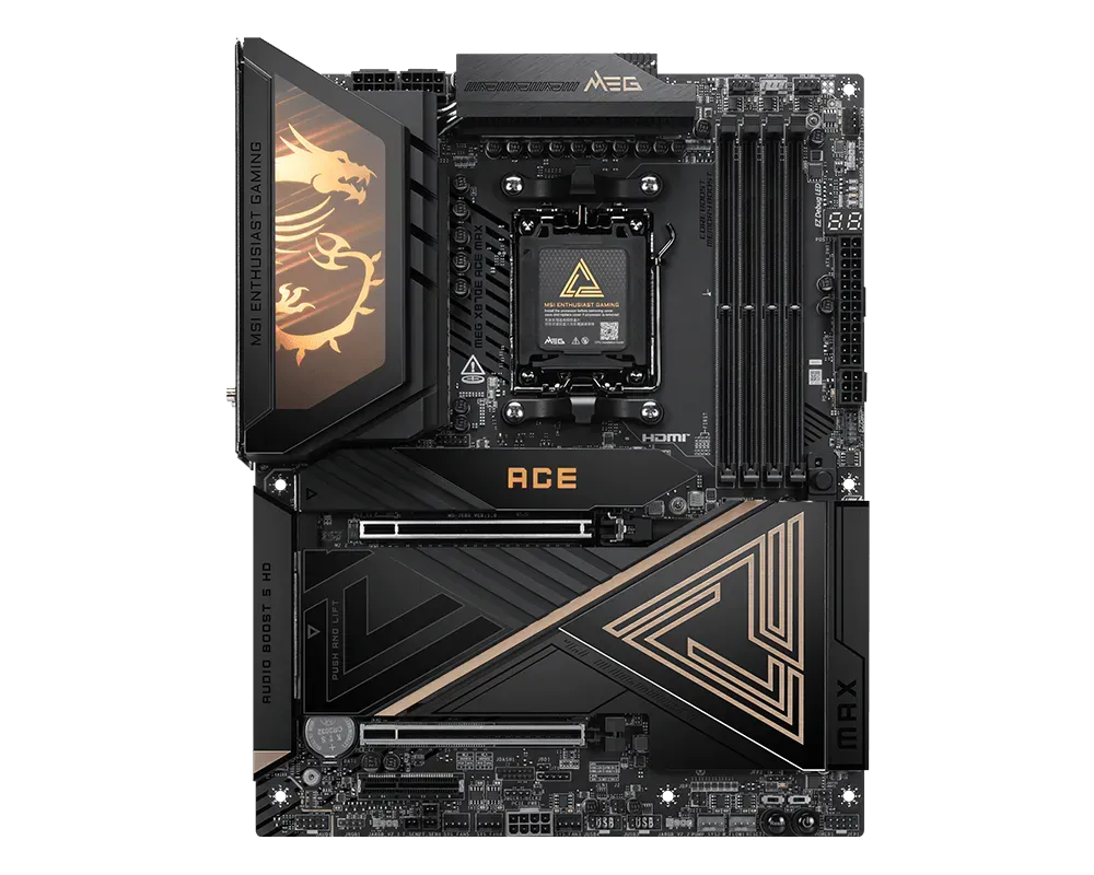 MSI MEG X870E ACE MAX | Processor family AMD | Processor socket AM5 | DDR5 | Supported hard disk drive interfaces SATA, M.2 | Number of SATA connectors 4