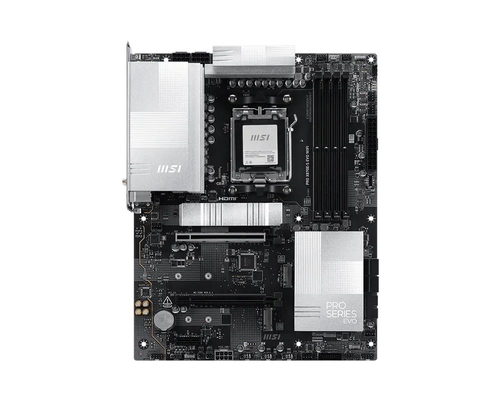 MSI PRO X870E-S EVO WIFI | Processor family AMD | Processor socket AM5 | DDR5 | Supported hard disk drive interfaces SATA, M.2 | Number of SATA connectors 4