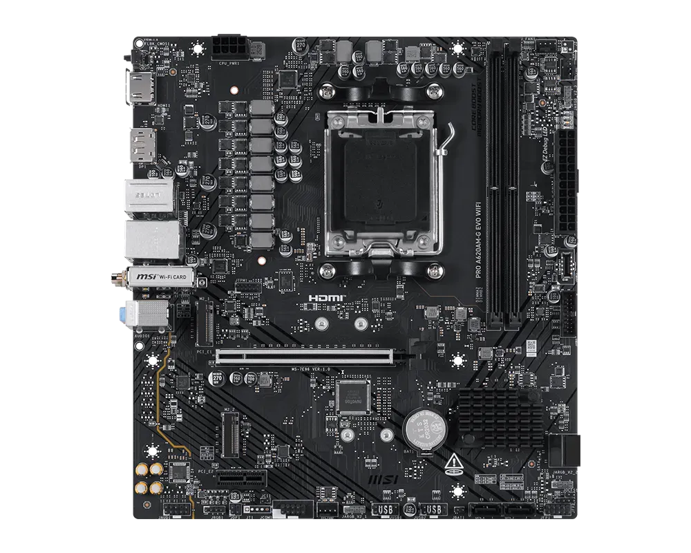 MSI PRO A620AM-G EVO WIFI | Processor family AMD | Processor socket AM5 | DDR5 | Number of SATA connectors 4 | Supported hard disk drive interfaces SATA, M.2