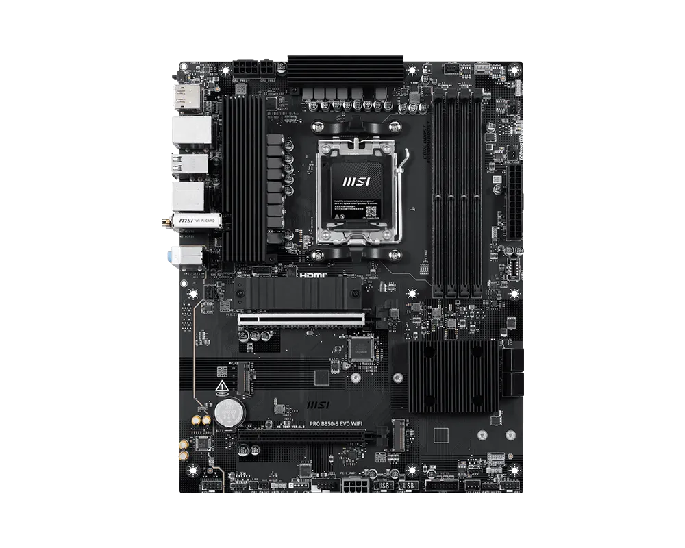 MSI PRO B850-S EVO WIFI | Processor family AMD | Processor socket AM5 | DDR5 | Supported hard disk drive interfaces SATA, M.2 | Number of SATA connectors 4