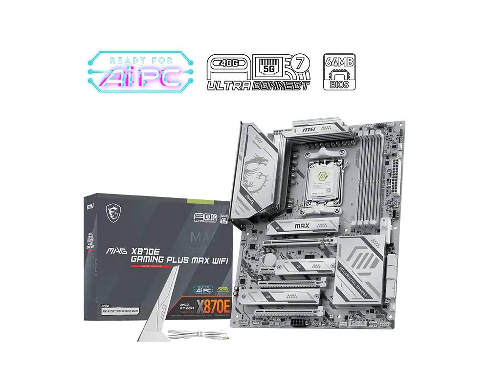 MSI MAG X870E GAMING PLUS MAX WIFI | Processor family AMD | Processor socket AM5 | DDR5 | Supported hard disk drive interfaces SATA, M.2 | Number of SATA connectors 4