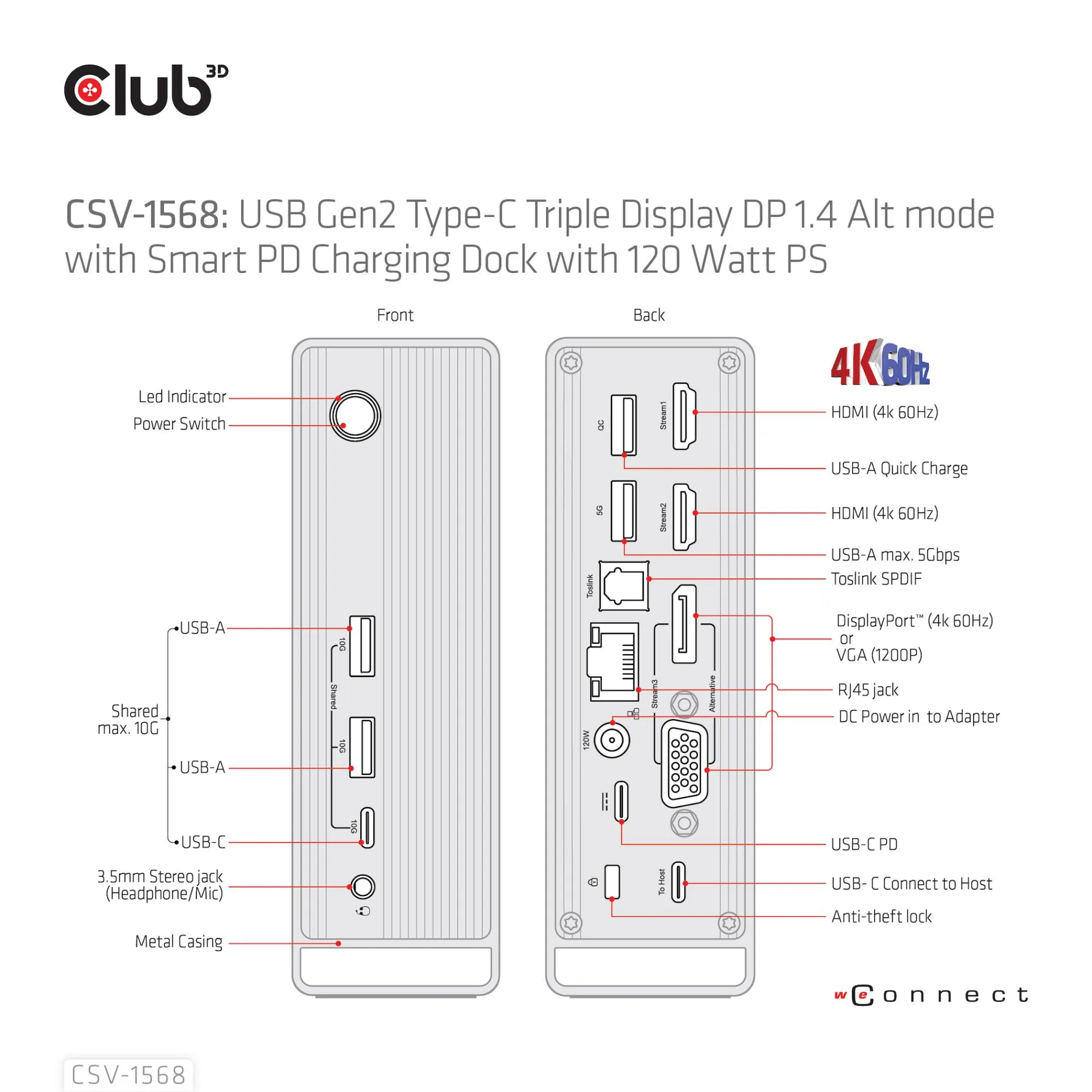 Nešiojamųjų kompiuterių prijungimo stotelė Club3D CSV-1568, USB-C, 120W thumbnail 12