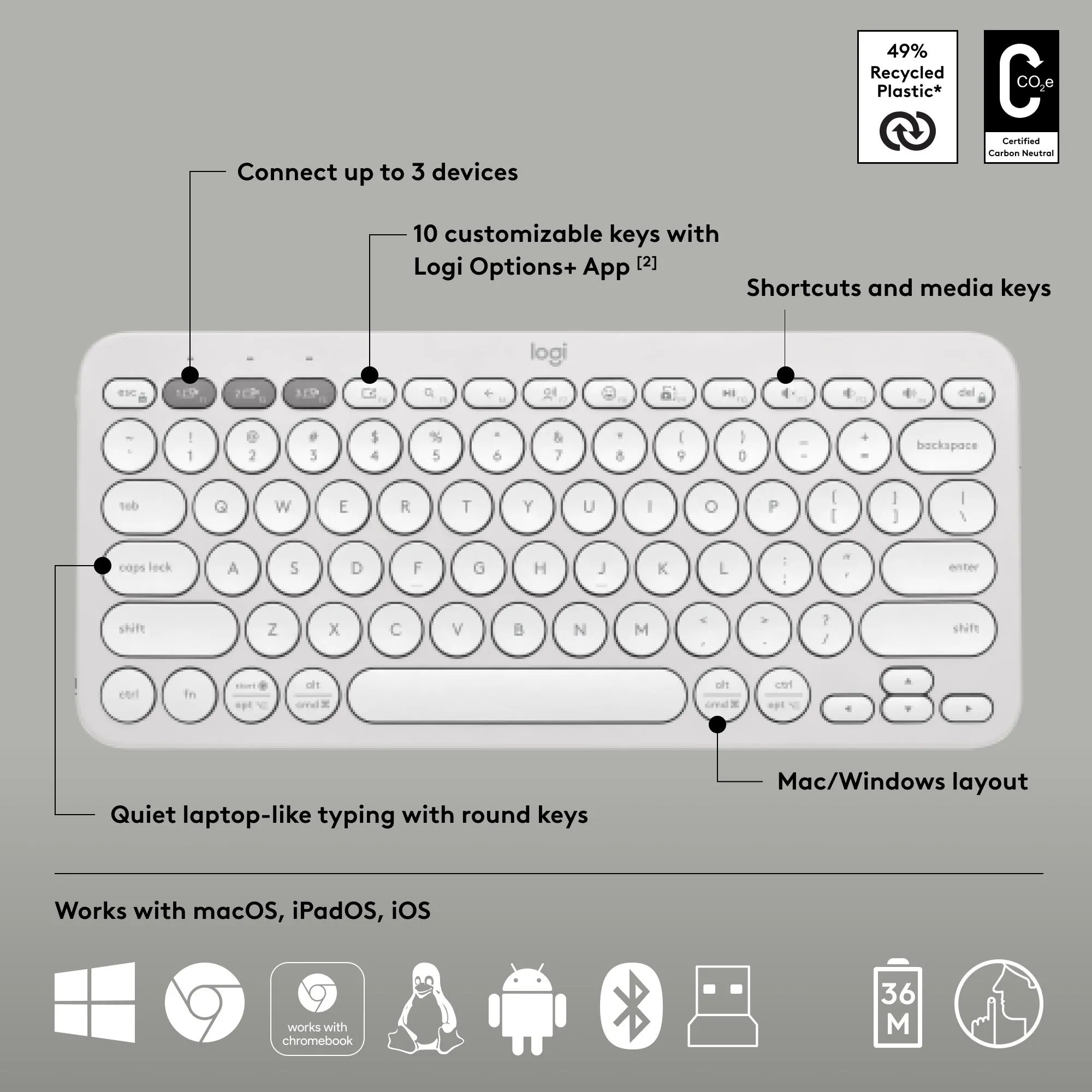 Klaviatūros ir pelės komplektas Logitech Pebble 2, balta, 920-012240 thumbnail 14