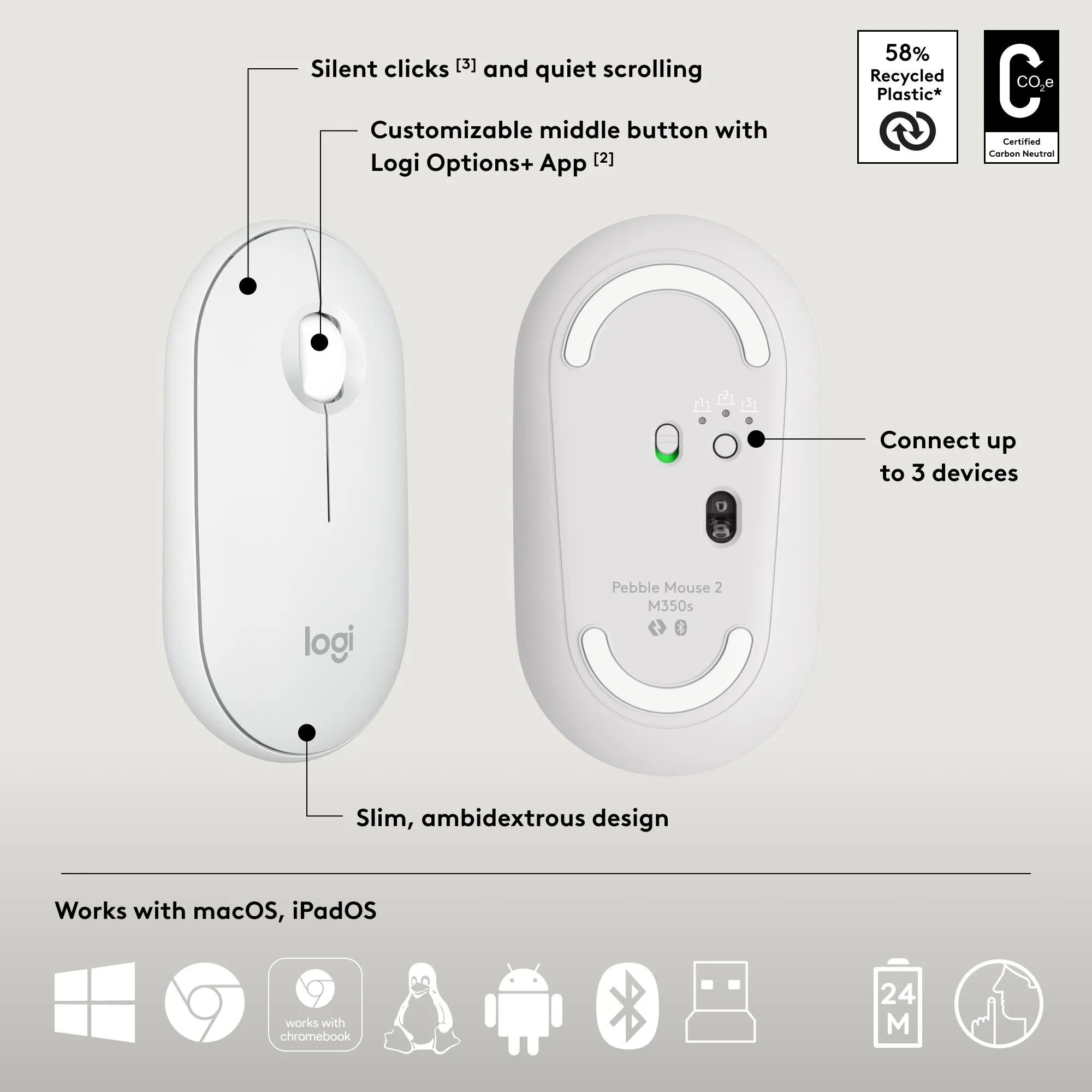 Klaviatūros ir pelės komplektas Logitech Pebble 2, balta, 920-012240 thumbnail 15