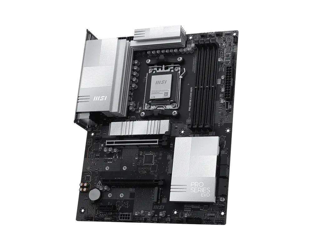 MSI PRO X870E-S EVO WIFI | Processor family AMD | Processor socket AM5 | DDR5 | Supported hard disk drive interfaces SATA, M.2 | Number of SATA connectors 4 thumbnail 2