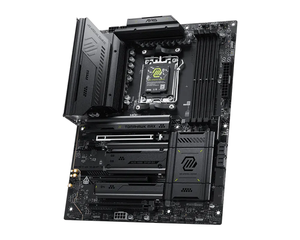 MSI MAG X870E TOMAHAWK MAX WIFI | Processor family AMD | Processor socket AM5 | DDR5 | Supported hard disk drive interfaces SATA, M.2 | Number of SATA connectors 4 thumbnail 3