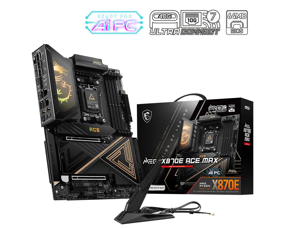 MSI MEG X870E ACE MAX | Processor family AMD | Processor socket AM5 | DDR5 | Supported hard disk drive interfaces SATA, M.2 | Number of SATA connectors 4 thumbnail 4