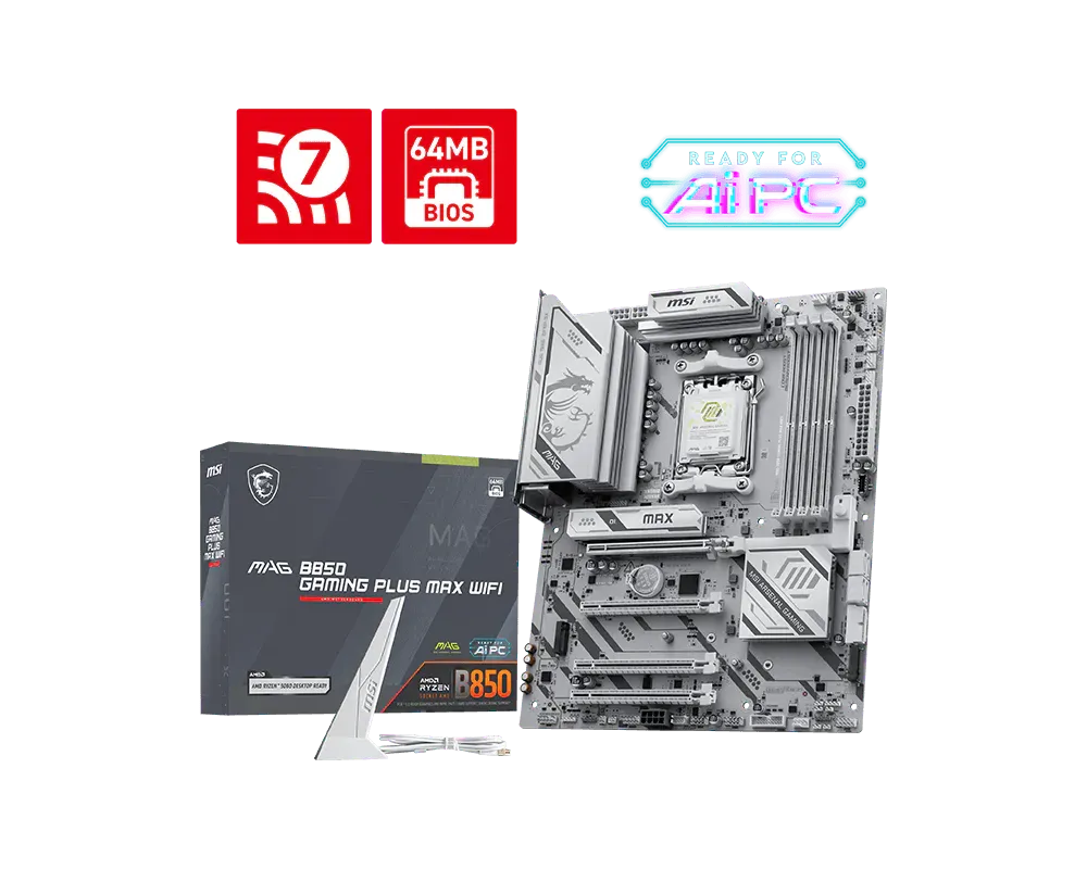MSI MAG B850 GAMING PLUS MAX WIFI | Processor family AMD | Processor socket AM5 | DDR5 | Supported hard disk drive interfaces SATA, M.2 | Number of SATA connectors 4 thumbnail 4