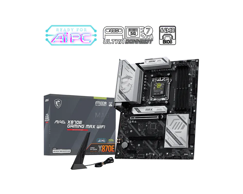 MSI MAG X870E GAMING MAX WIFI | Processor family AMD | Processor socket AM5 | DDR5 | Supported hard disk drive interfaces SATA, M.2 | Number of SATA connectors 4 thumbnail 4