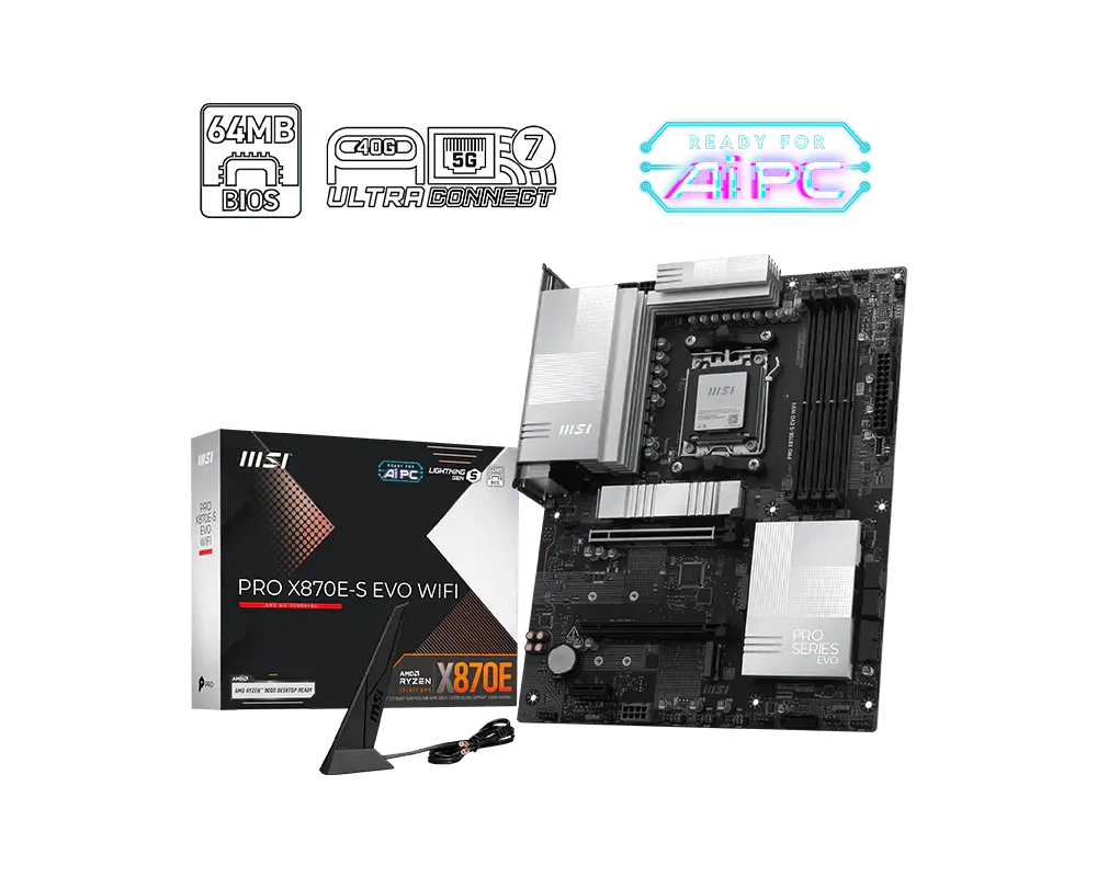 MSI PRO X870E-S EVO WIFI | Processor family AMD | Processor socket AM5 | DDR5 | Supported hard disk drive interfaces SATA, M.2 | Number of SATA connectors 4 thumbnail 4