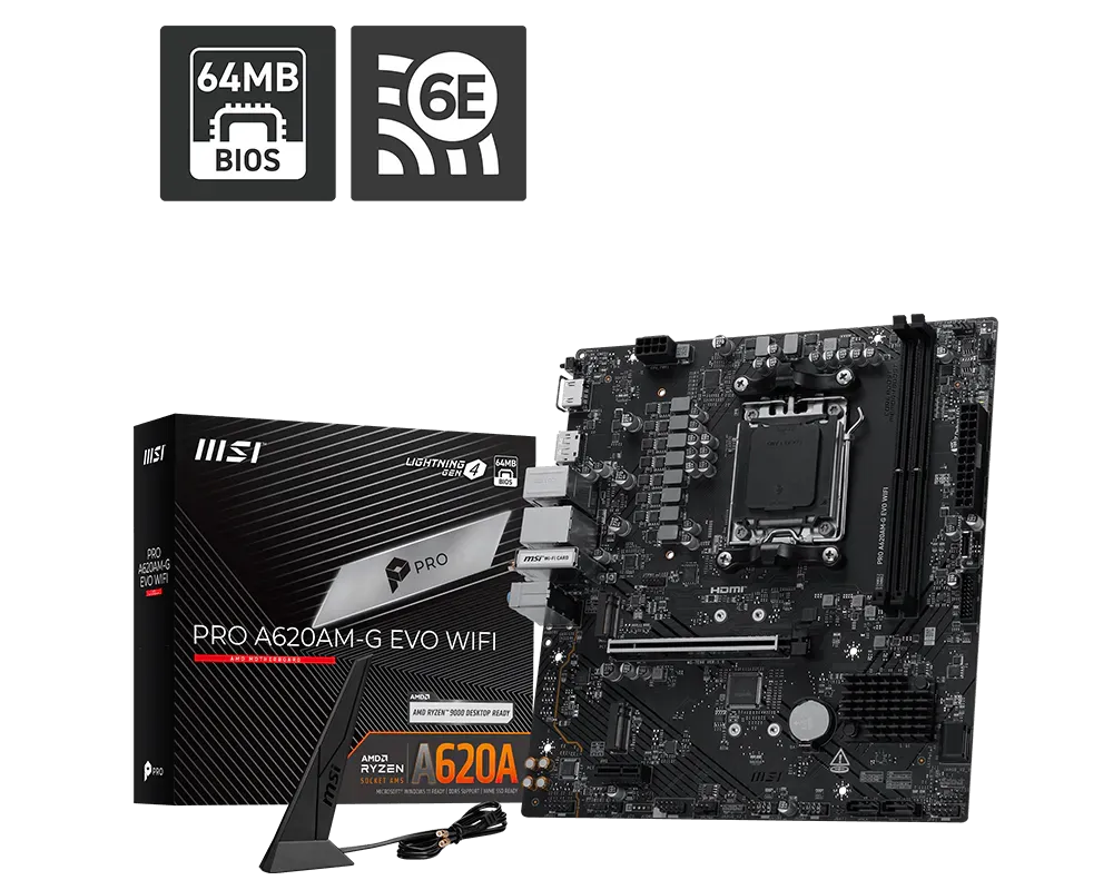 MSI PRO A620AM-G EVO WIFI | Processor family AMD | Processor socket AM5 | DDR5 | Number of SATA connectors 4 | Supported hard disk drive interfaces SATA, M.2 thumbnail 4