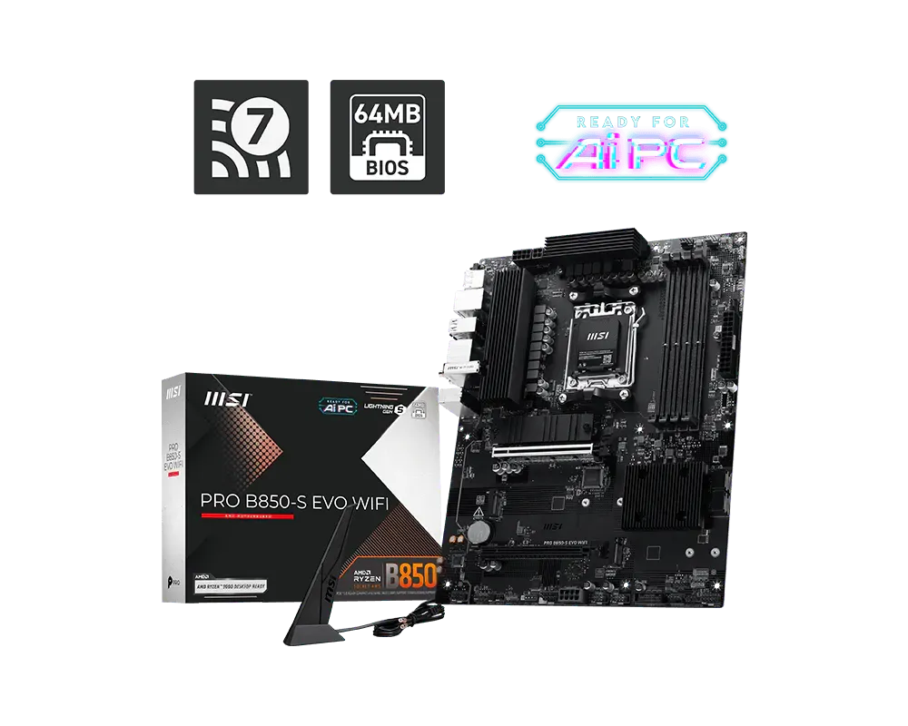 MSI PRO B850-S EVO WIFI | Processor family AMD | Processor socket AM5 | DDR5 | Supported hard disk drive interfaces SATA, M.2 | Number of SATA connectors 4 thumbnail 4