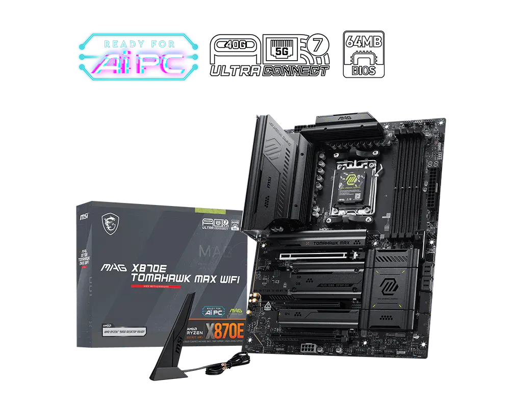 MSI MAG X870E TOMAHAWK MAX WIFI | Processor family AMD | Processor socket AM5 | DDR5 | Supported hard disk drive interfaces SATA, M.2 | Number of SATA connectors 4 thumbnail 4