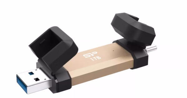 Silicon Power DS72 išorinis SSD diskas, 1TB, USB-A ir USB-C, USB 3.2 Gen 2, auksinis, SP001TBUC3S72VPG